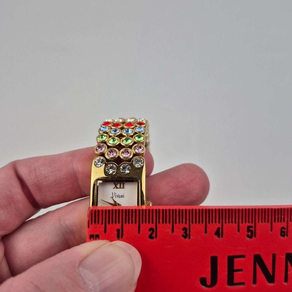 Vivani Rhinestone Cuff Watch Gold Tone Multicolor Japan Movt Vtg Needs Battery - Picture 7 of 11
